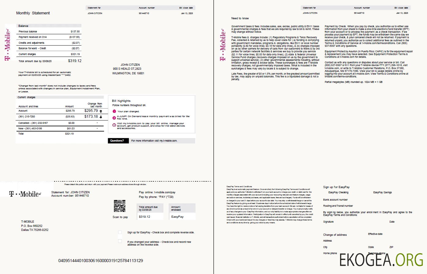 USA T mobile utility bill template in Word and PDF formats, 2 pages, version 2